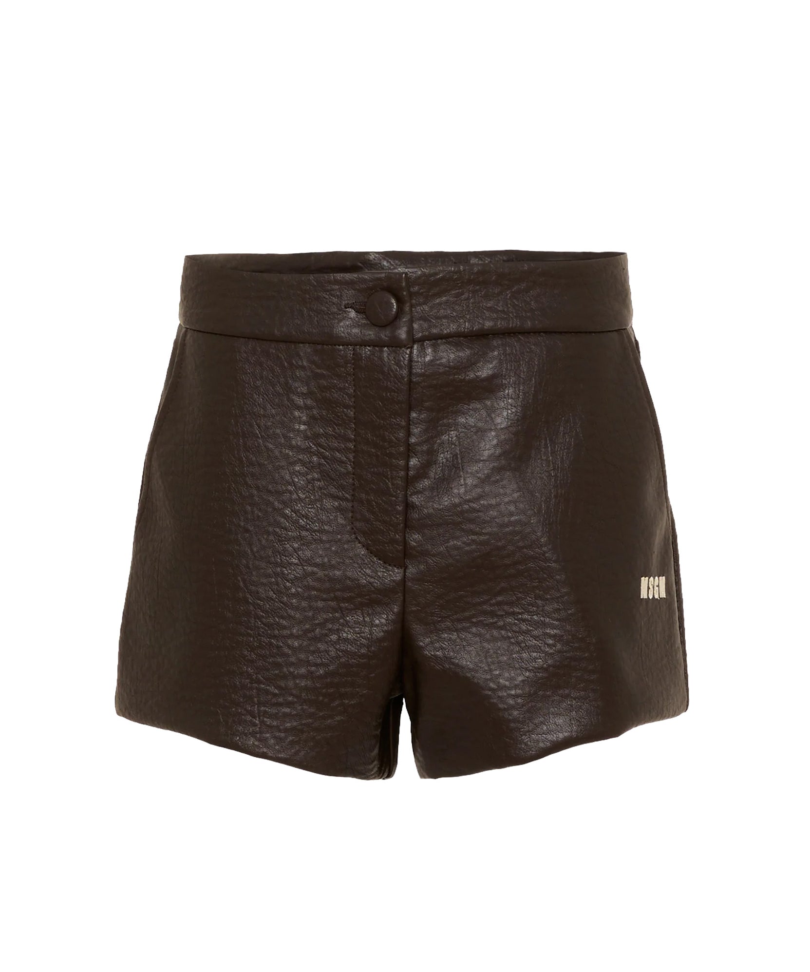 MSGM Kids Short in Pelle Caffè con Logo per Bambine