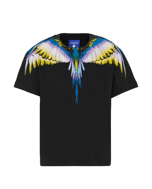 Marcelo Burlon County Of Milan Kids T-Shirt Nera Con Motivo Ali Giallo/Blu per Bambini