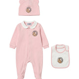 Moschino Kids Completo Tutina+Cappellino+Bavetta Rosa e Bianco con Stampa per Neonate
