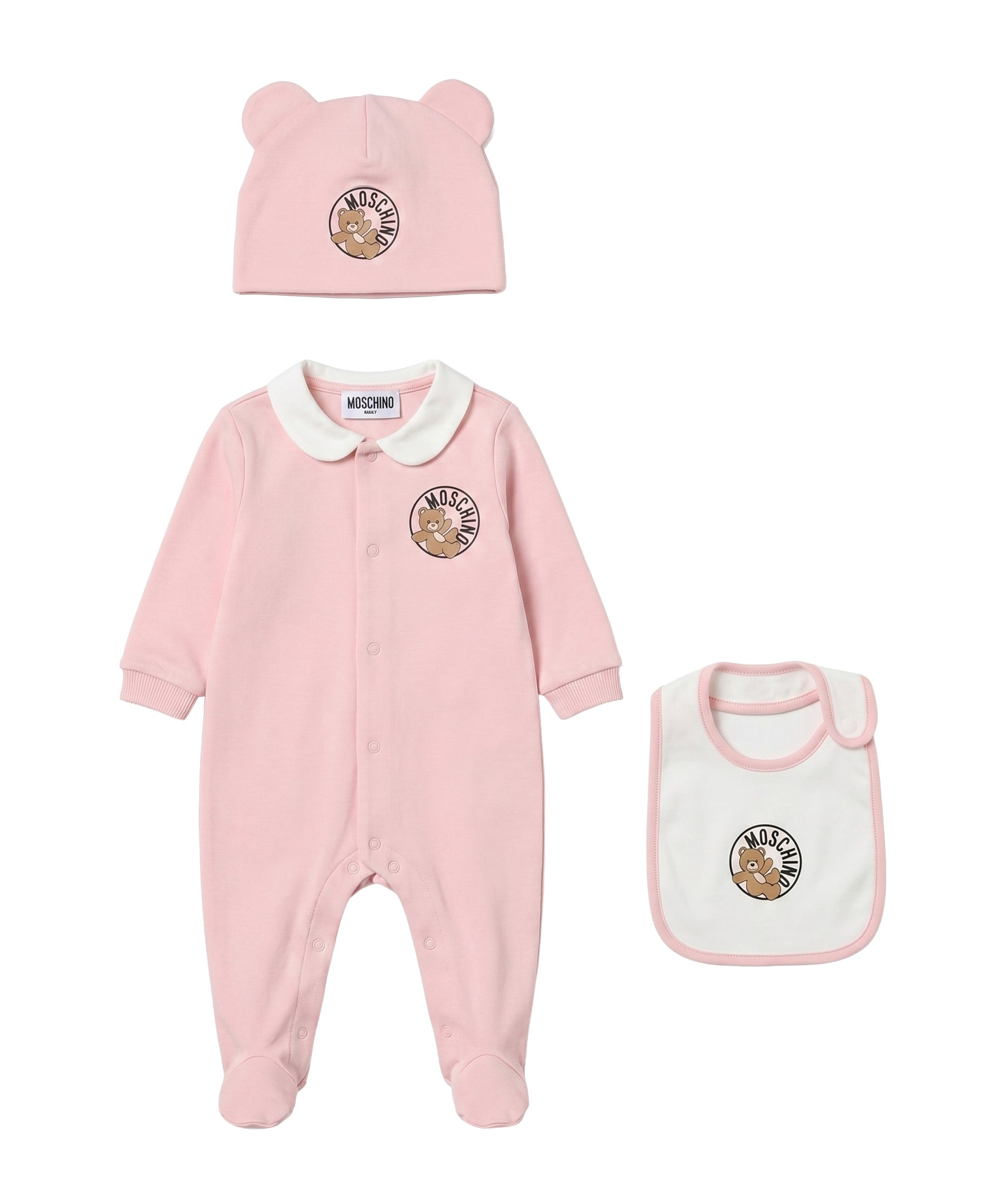 Moschino Kids Completo Tutina+Cappellino+Bavetta Rosa e Bianco con Stampa per Neonate