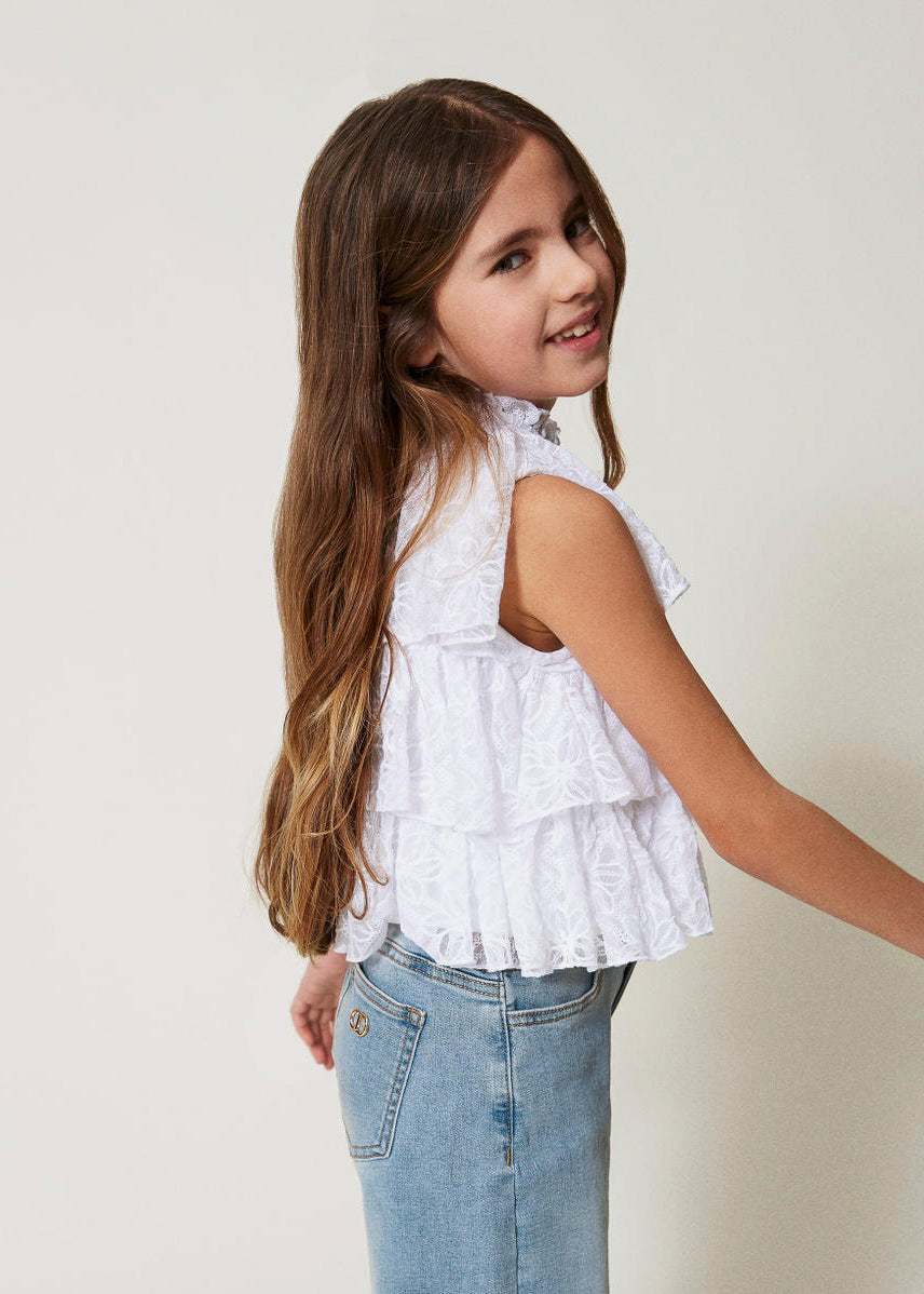 Twinset Kids Top Bianco in Tulle con Ricami per Bambine