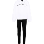 John Richmond Kids Tuta con Felpa Bianca con Cappuccio e Leggings Neri con Logo per Bambine
