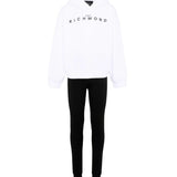 John Richmond Kids Tuta con Felpa Bianca con Cappuccio e Leggings Neri con Logo per Bambine