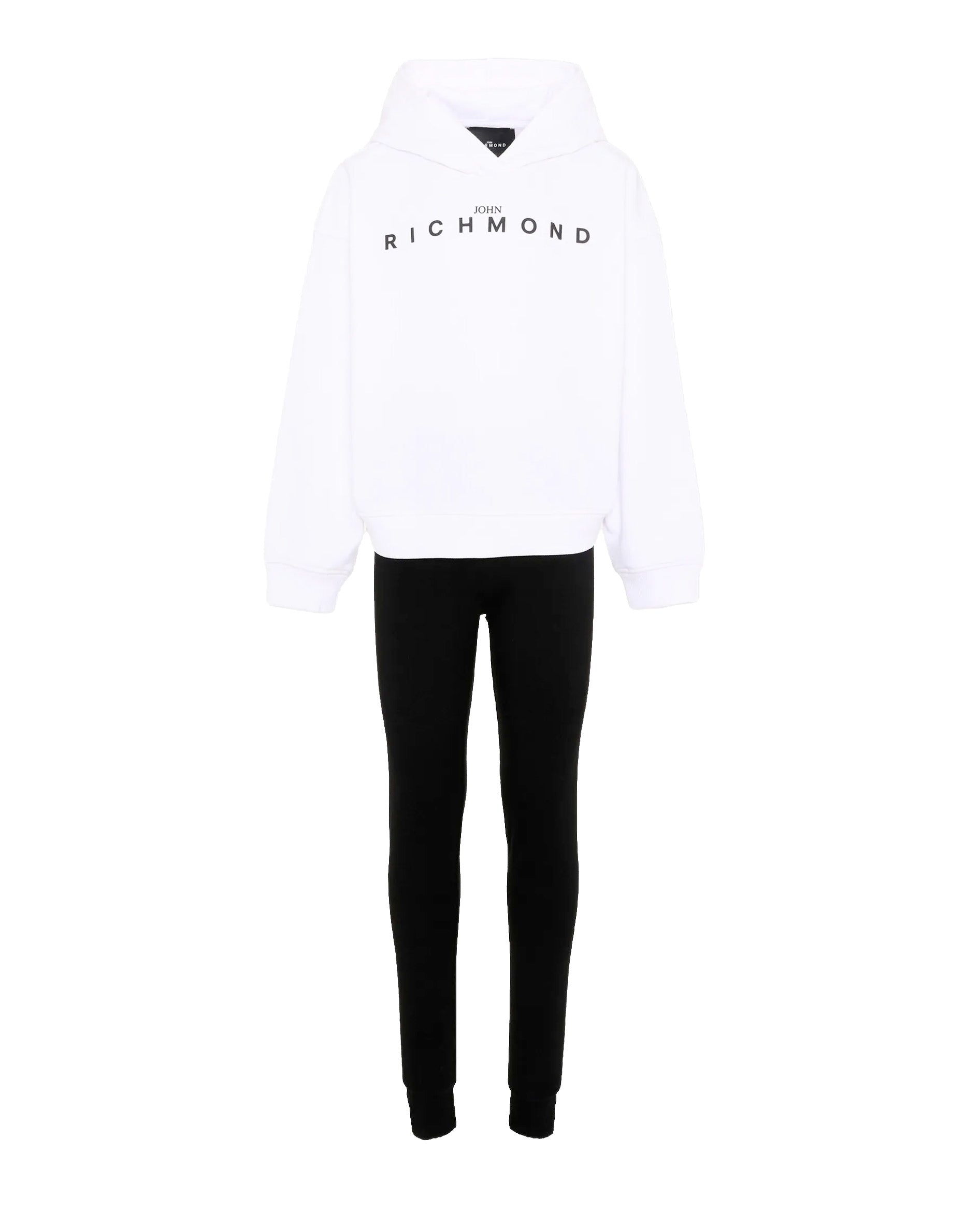 John Richmond Kids Tuta con Felpa Bianca con Cappuccio e Leggings Neri con Logo per Bambine