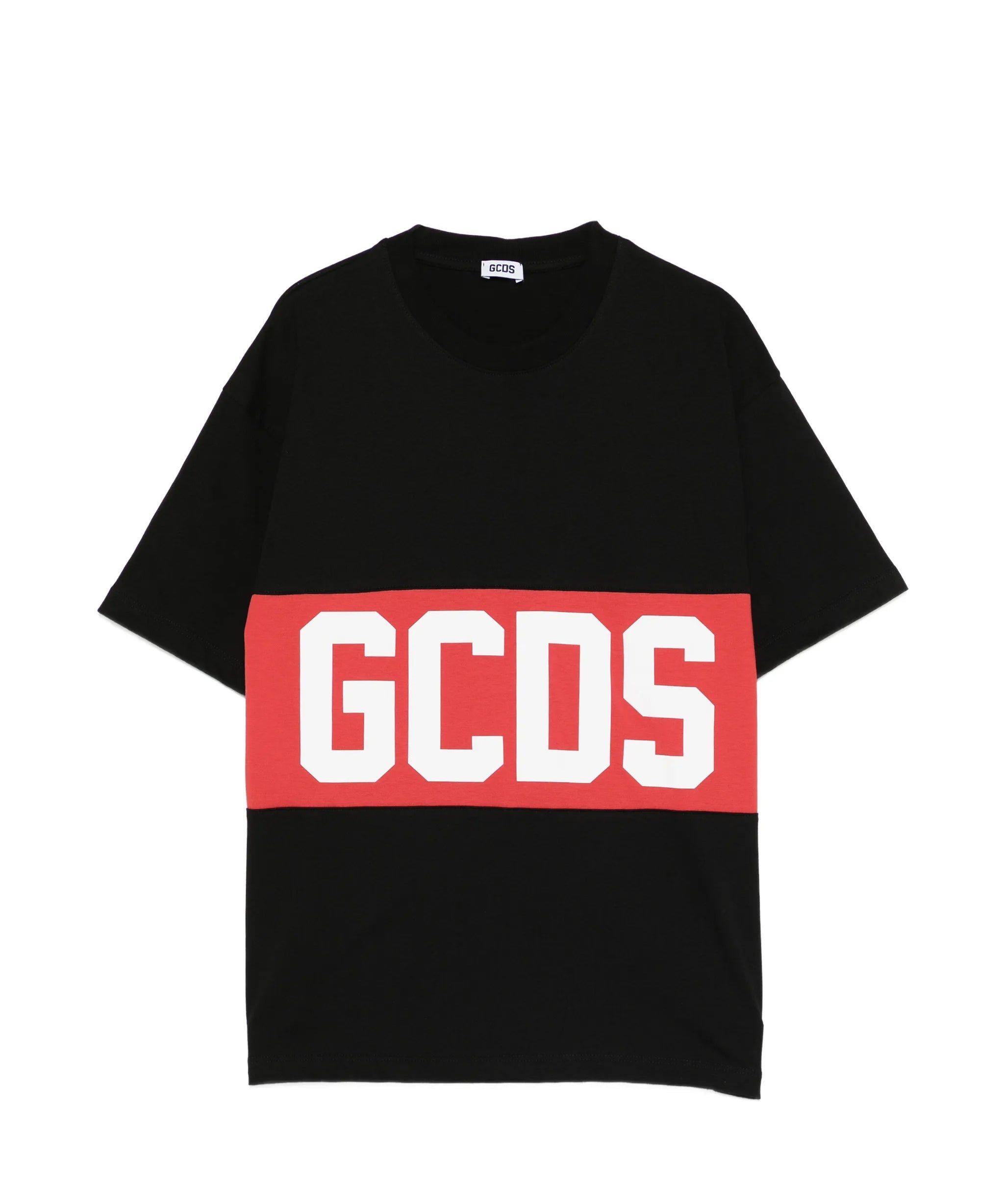 Gcds Kids T-Shirt Nera con Banda Rossa Logata Unisex