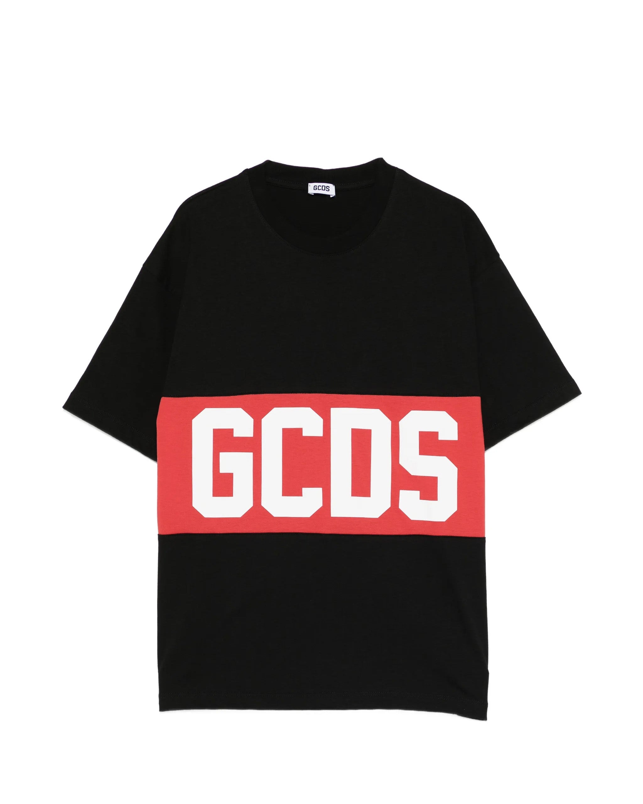 Gcds Kids T-Shirt Nera con Banda Rossa Logata Unisex
