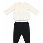 Elisabetta Franchi La Mia Bambina Completo Avorio e Nero con Blusa a Balloon in Tessuto Misto, Logo Ricamato e Charm Cuore Oro e Pantaloni con Piedini per Neonate