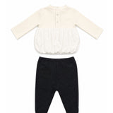 Elisabetta Franchi La Mia Bambina Completo Avorio e Nero con Blusa a Balloon in Tessuto Misto, Logo Ricamato e Charm Cuore Oro e Pantaloni con Piedini per Neonate