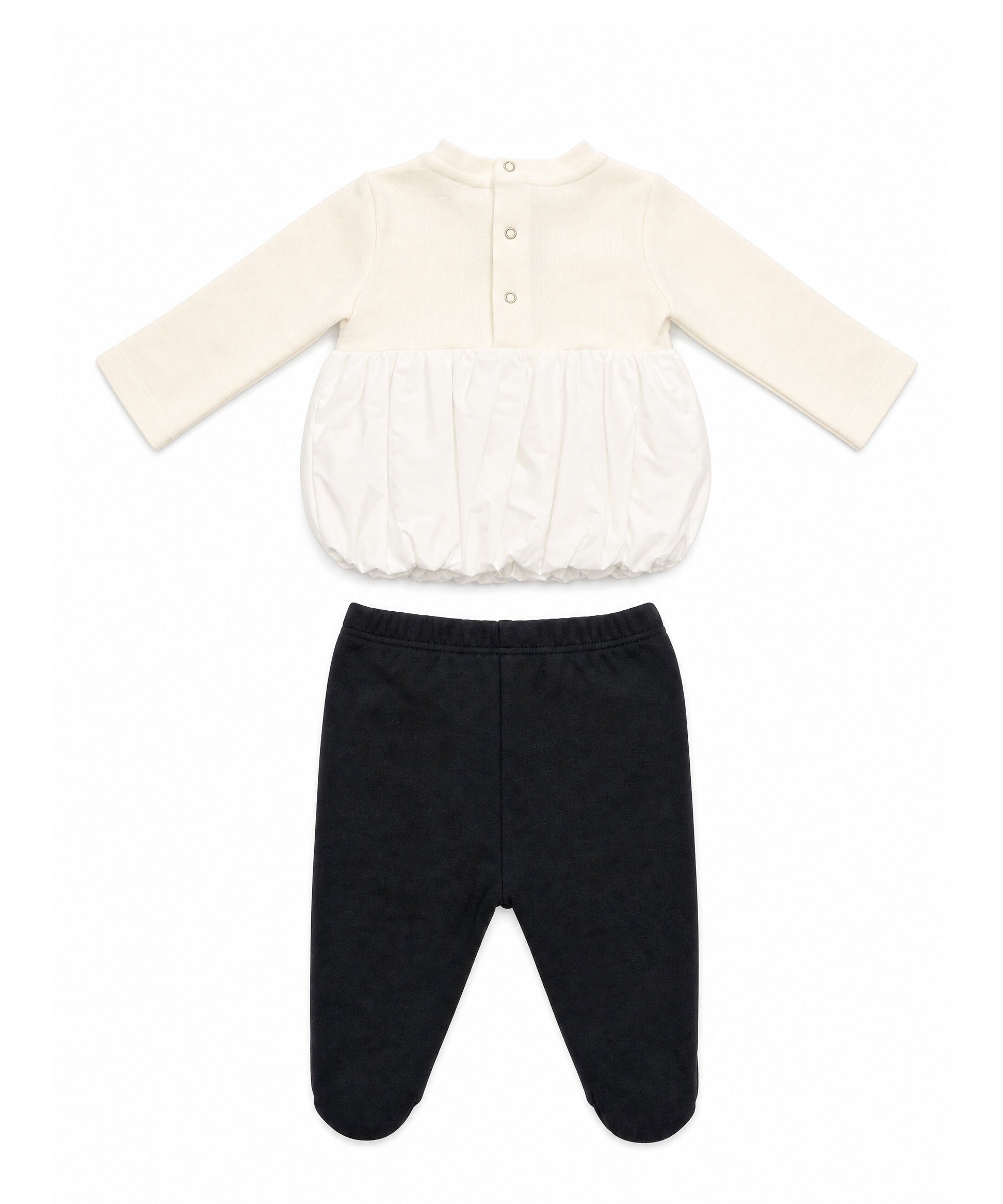 Elisabetta Franchi La Mia Bambina Completo Avorio e Nero con Blusa a Balloon in Tessuto Misto, Logo Ricamato e Charm Cuore Oro e Pantaloni con Piedini per Neonate