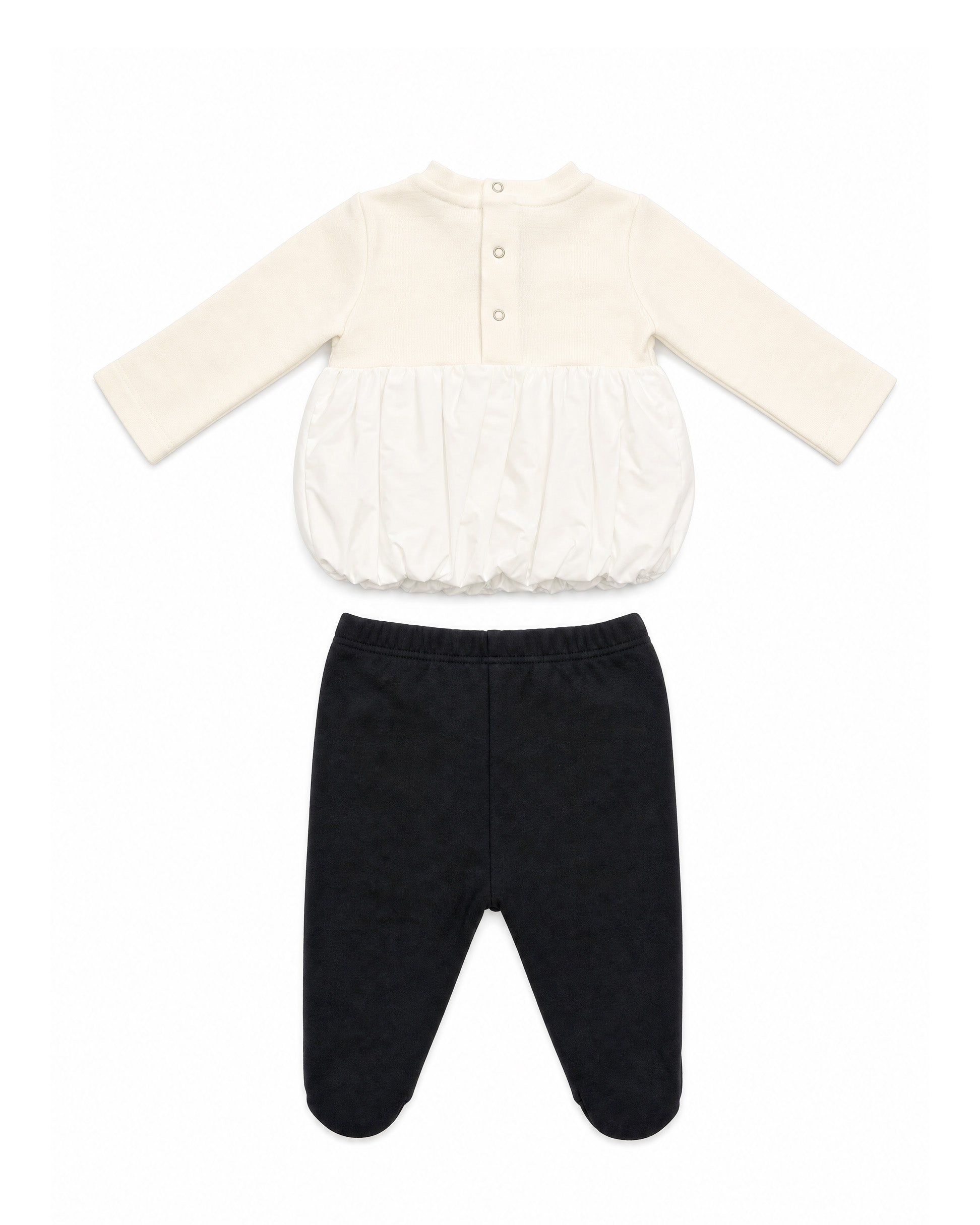 Elisabetta Franchi La Mia Bambina Completo Avorio e Nero con Blusa a Balloon in Tessuto Misto, Logo Ricamato e Charm Cuore Oro e Pantaloni con Piedini per Neonate