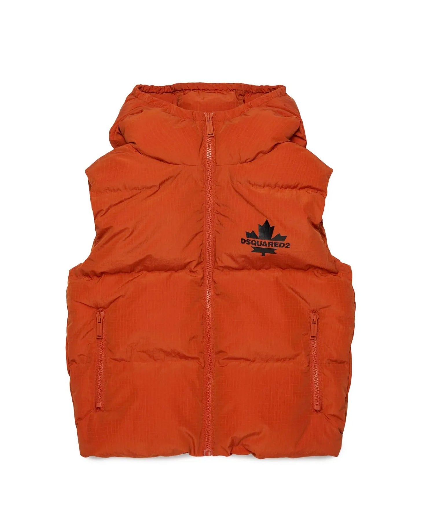 Dsquared2 Kids Smanicato Imbottito Arancione con Cappuccio e Logo Foglia per Bambini