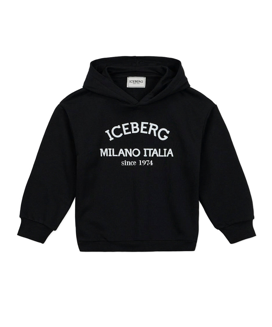Iceberg Kids Felpa Nera Crop con Cappuccio con Stampa