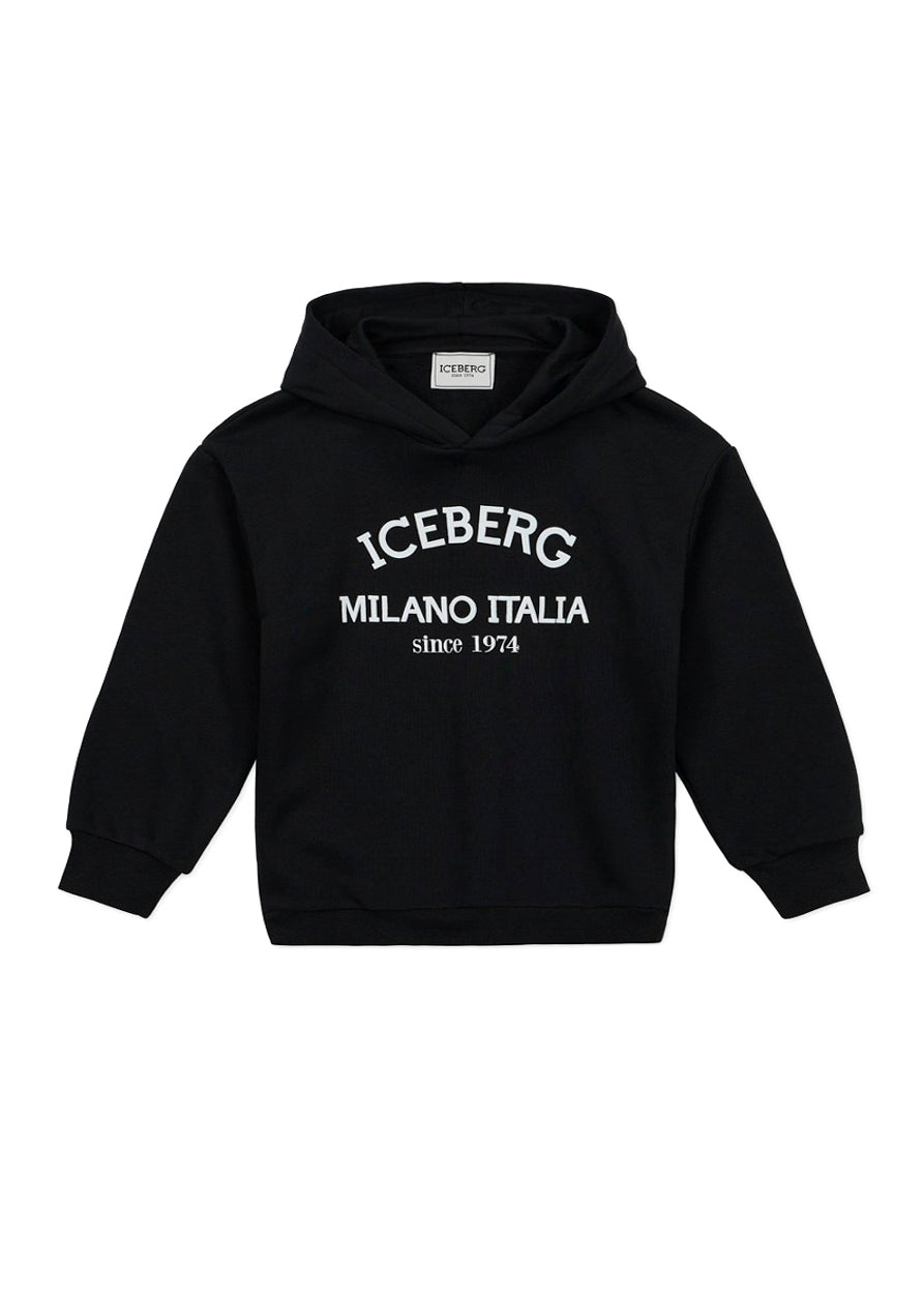 Iceberg Kids Felpa Nera Crop con Cappuccio con Stampa