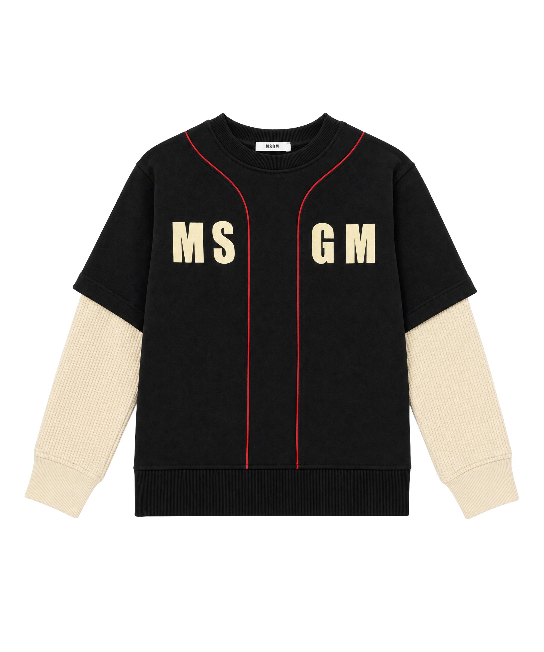 MSGM Kids Felpa Doppia Manica Nero con Logo e Linee Rosso per Bambini