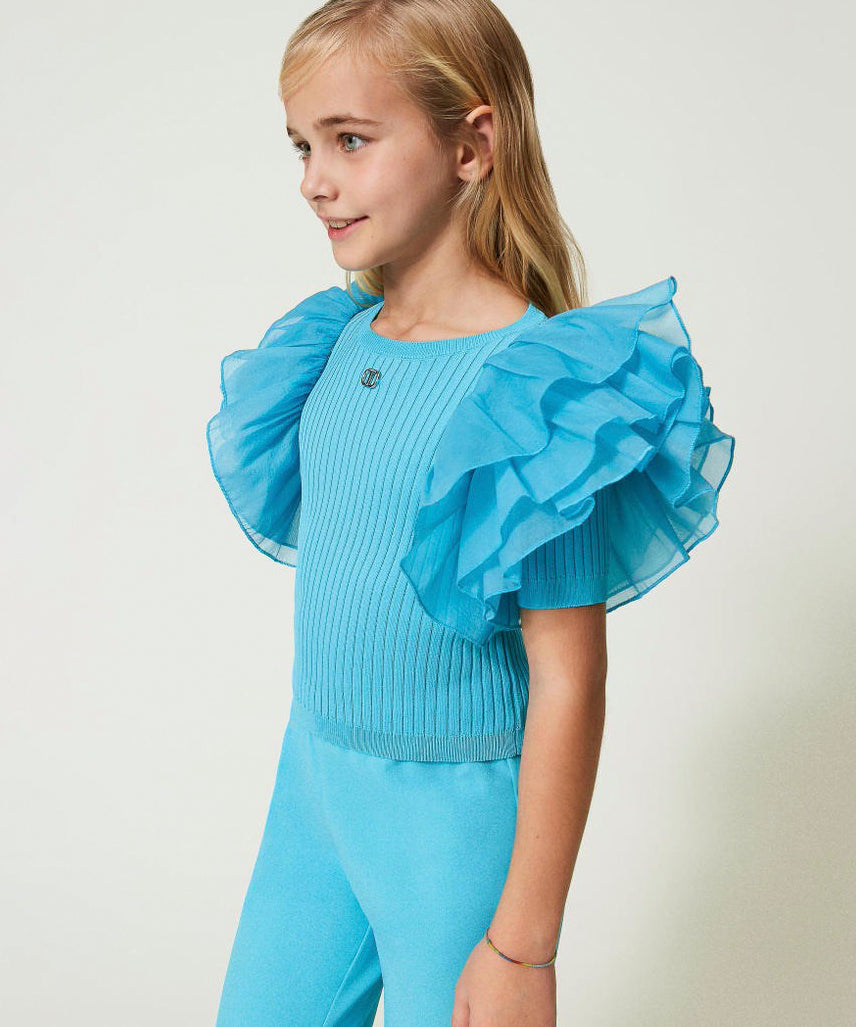 Twinset Kids Top Celeste con Maniche in Organza 