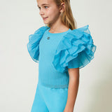 Twinset Kids Top Celeste con Maniche in Organza 