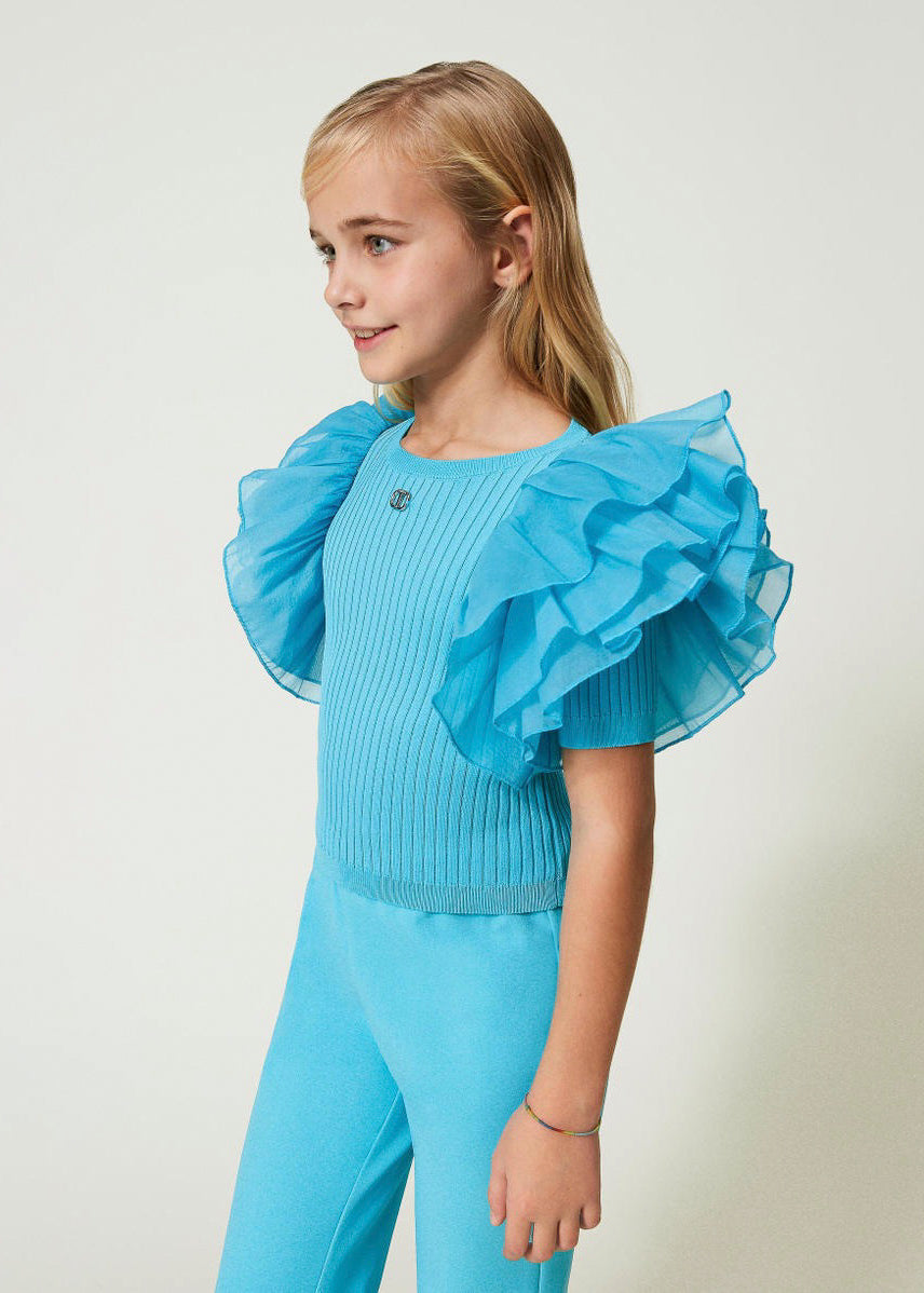 Twinset Kids Top Celeste con Maniche in Organza 