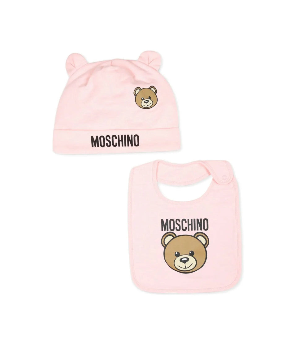 Moschino Kids Cappello con Bavetta Rosa con Logo Teddy Bear per Neonate