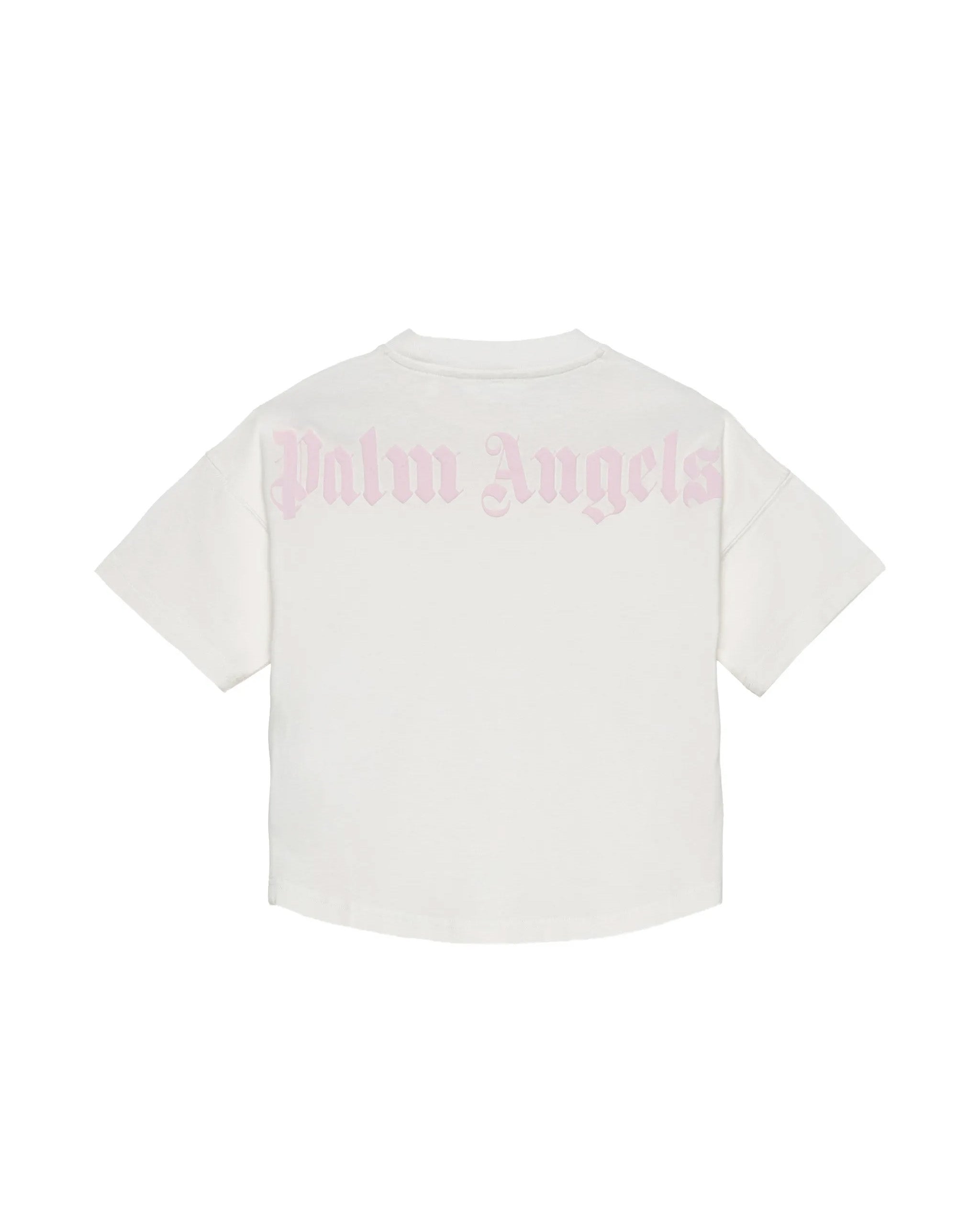 Palm Angels Kids T-Shirt Off-White con Logo Rosa per Bambine