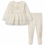 Blumarine Kids Completo Jersey Panna Chiaro con Logo Strass per Neonate
