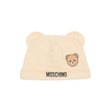 Moschino Kids Set Cappello e Bavetta Beige con Stampa Logo Teddy Unisex per Neonati