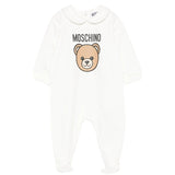 Moschino Kids Tutina Panna in Cotone con Colletto e Stampa Teddy Bear e Logo Unisex