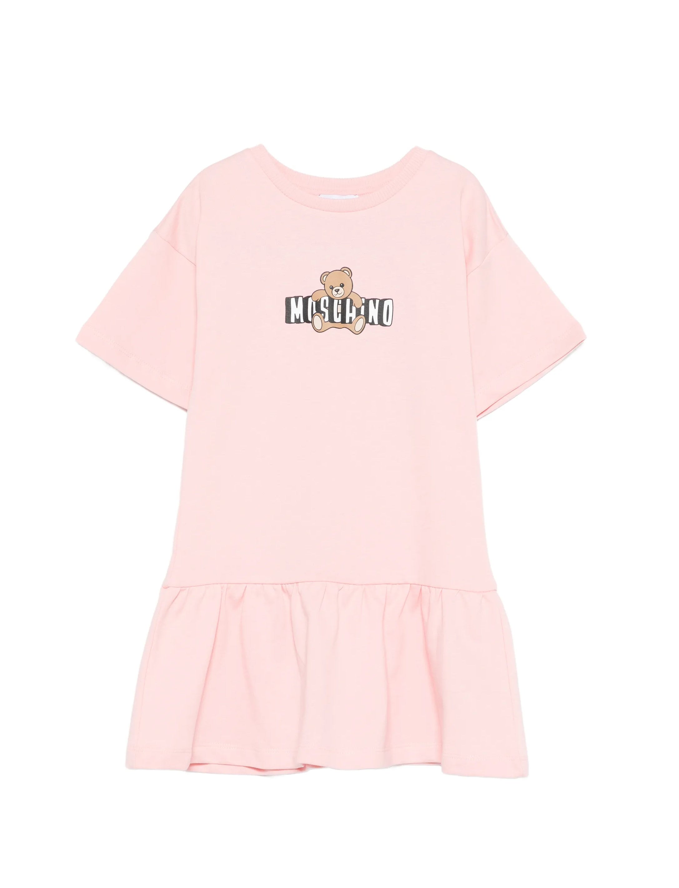 Moschino Kids Abito Rosa con Gonna Rouches e Logo Teddy Bear per Bambine