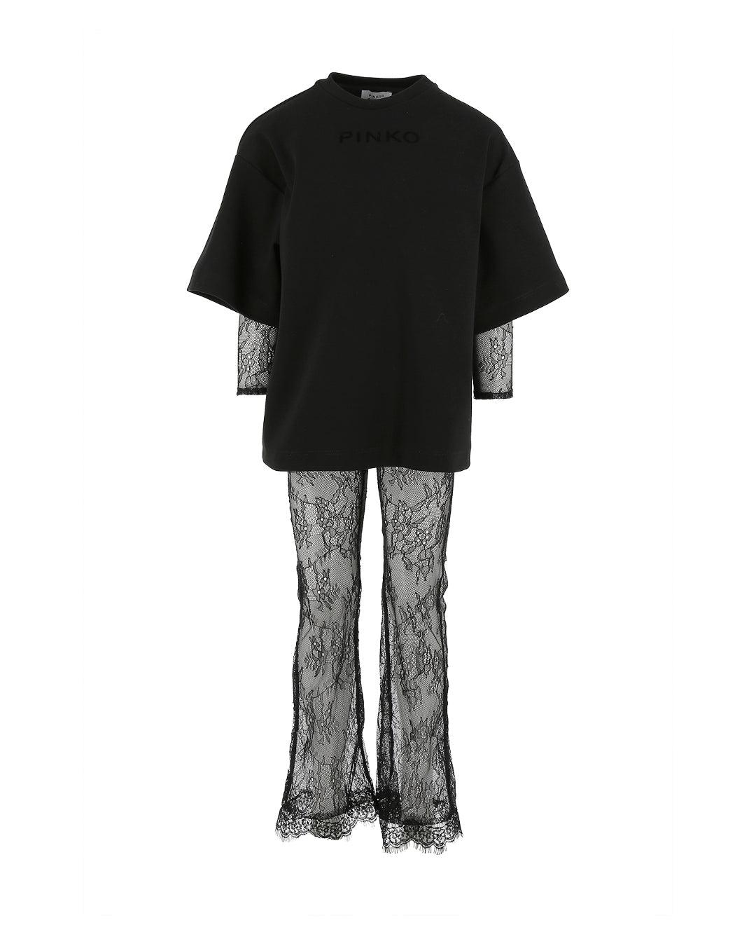 Pinko Kids Tuta in Pizzo Nera con T-shirt per Bambine