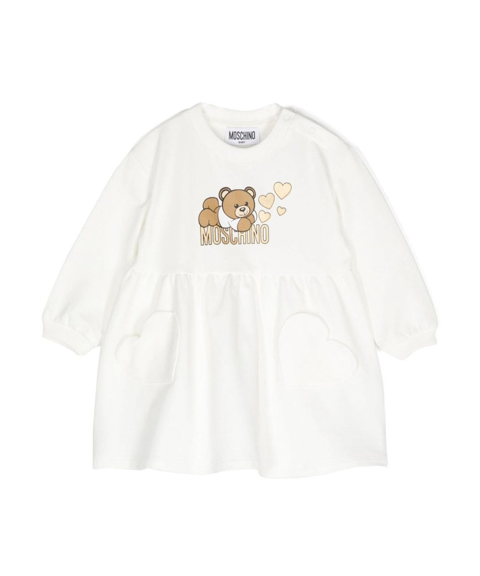 Moschino Kids Abito Panna Svasato con Stampa Teddy Bear per Neonate