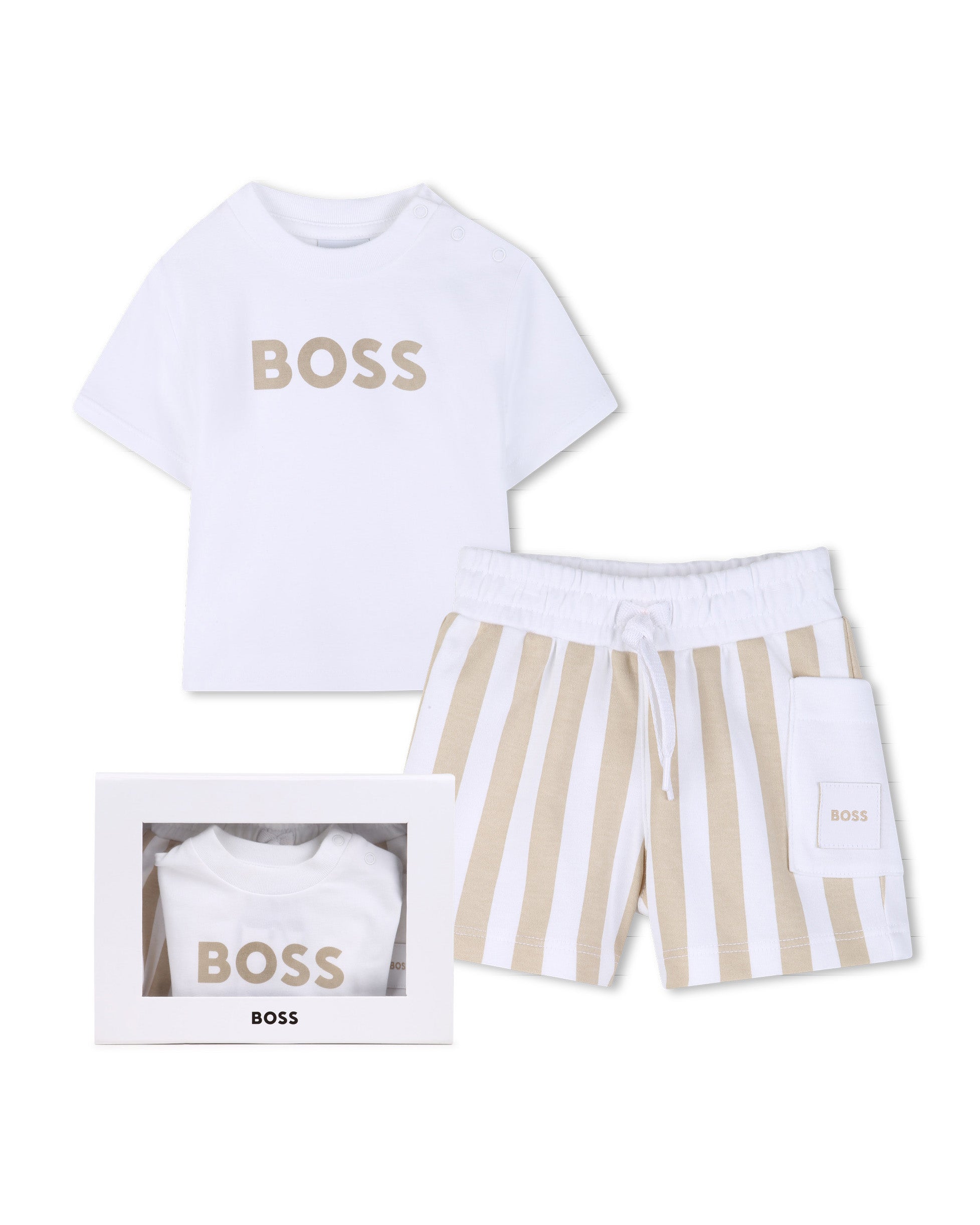 Boss Kids Completo Beige/Bianco a Strisce per Neonati