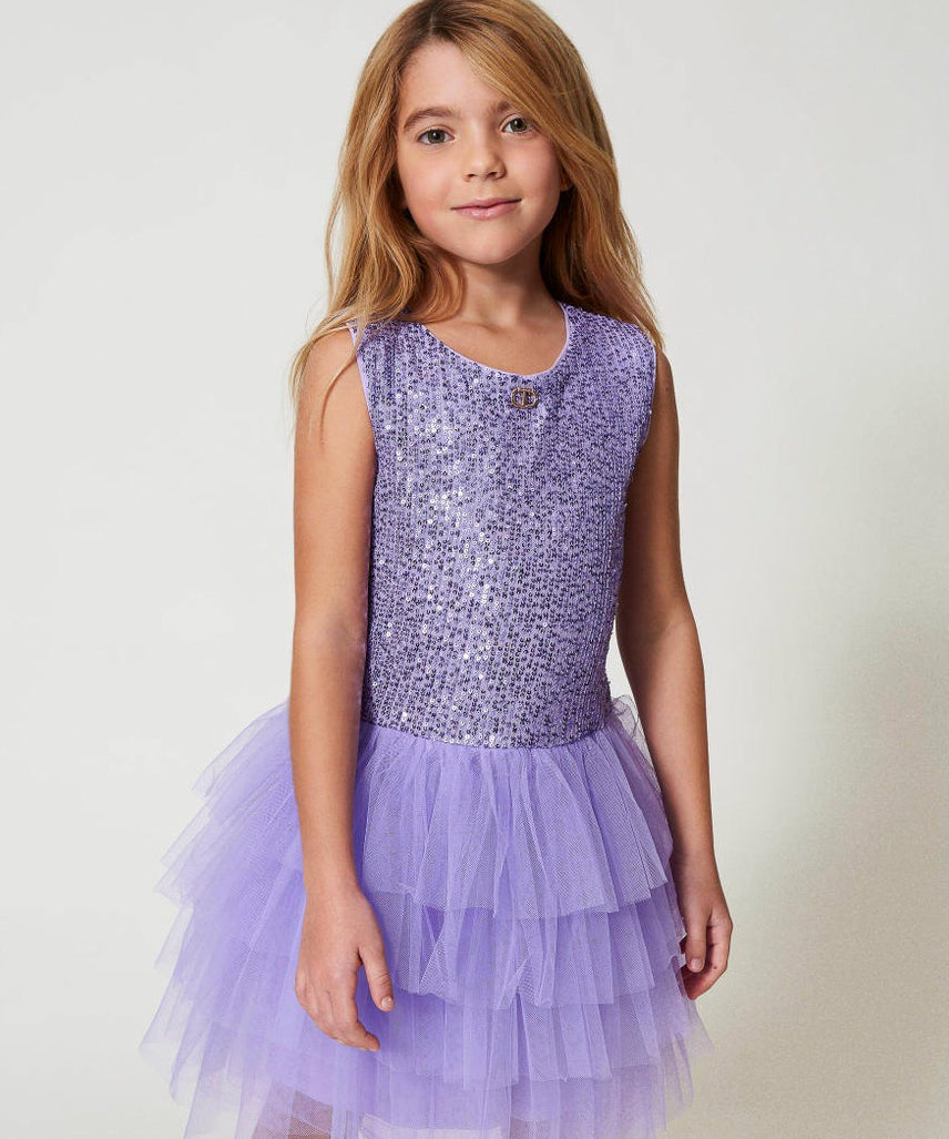 Twinset Kids Abito Viola con Tulle e Paillettes per Bambine