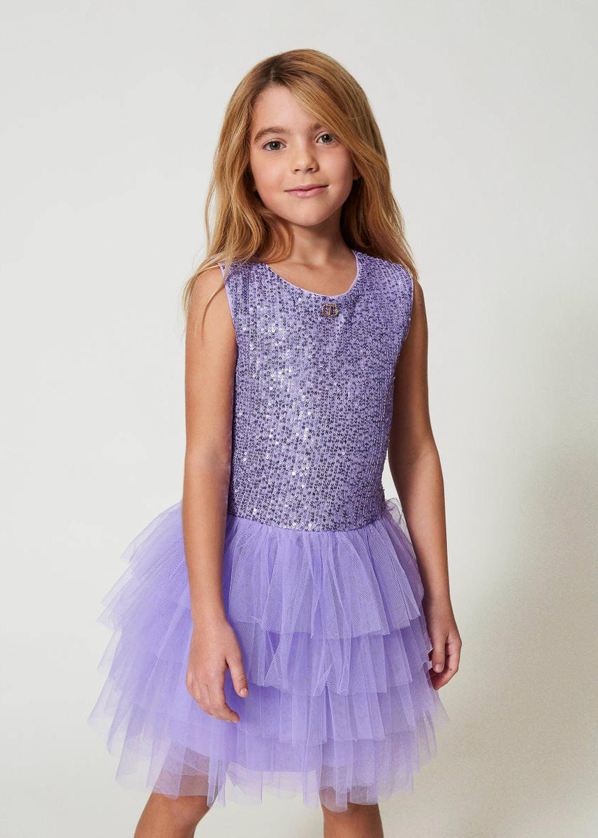 Twinset Kids Abito Viola con Tulle e Paillettes per Bambine