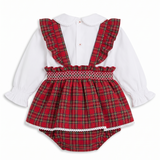 Deolinda Kids Completo Camicetta Bianca e Salopette Fantasia Scozzese Rosso per Neonate