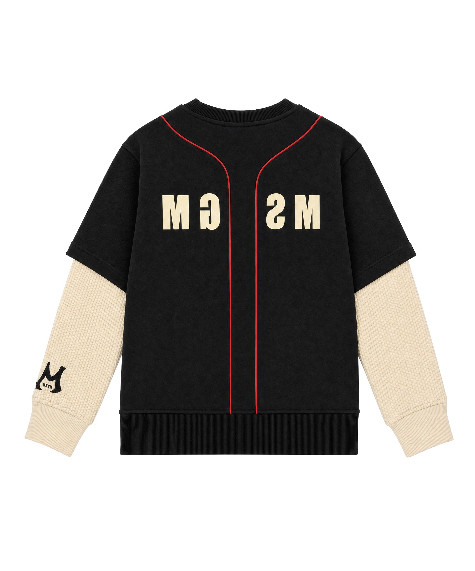 MSGM Kids Felpa Doppia Manica Nero con Logo e Linee Rosso per Bambini