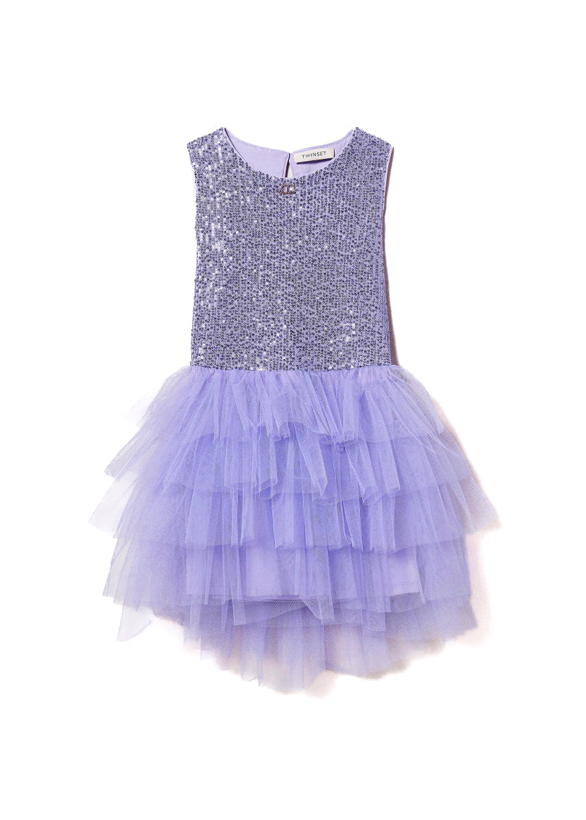 Twinset Kids Abito Viola con Tulle e Paillettes per Bambine