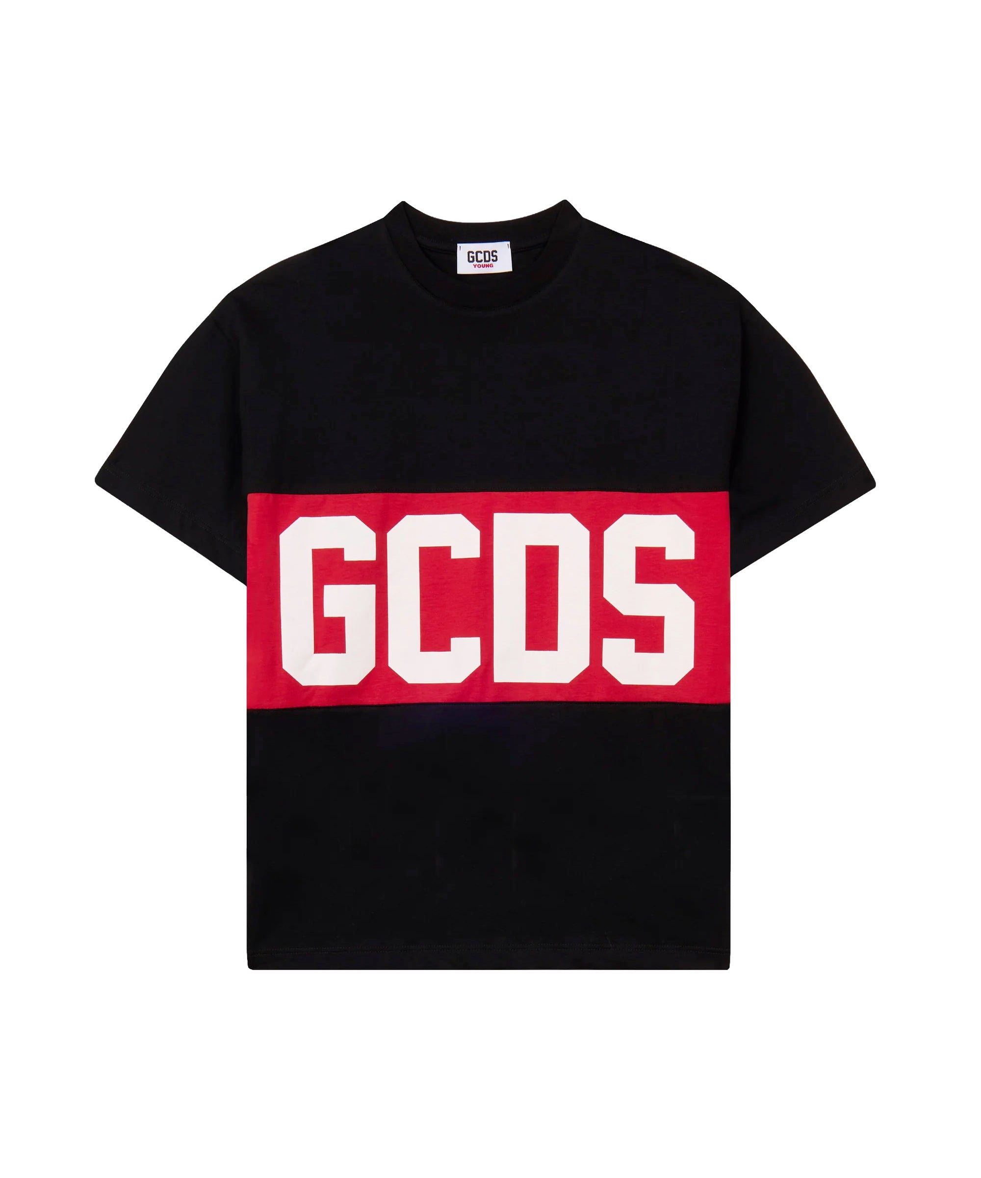 Gcds Kids T-Shirt Nero con Banda Logata Rosso Unisex