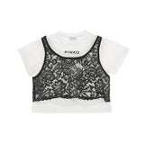 Pinko Kids T-Shirt Latte con Canotta Pizzo Nero e Ricamo per Bambine