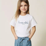 Twinset Kids T-Shirt Bianco con Ricamo Azzurro per Bambine e Neonate