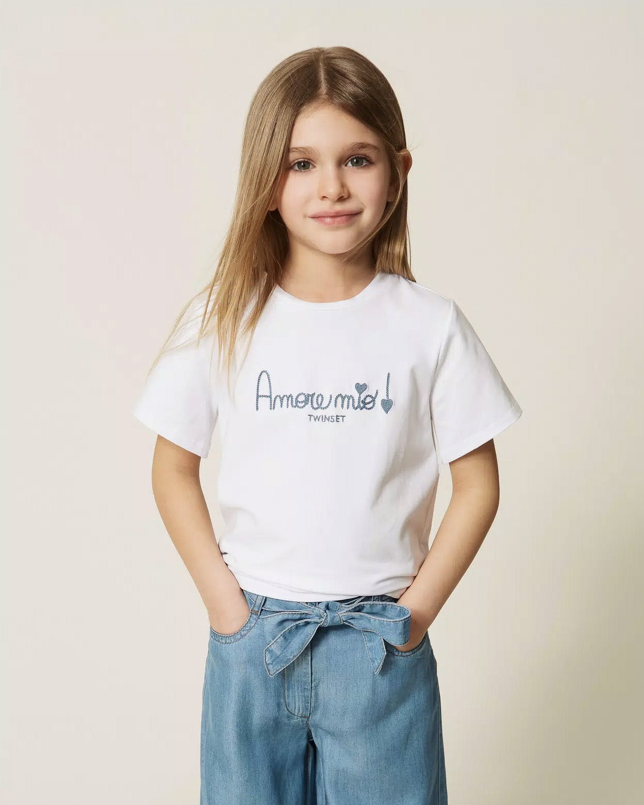 Twinset Kids T-Shirt Bianco con Ricamo Azzurro per Bambine e Neonate