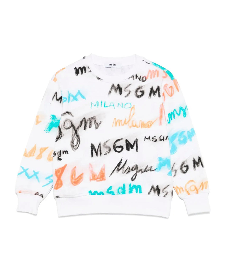 MSGM Kids Felpa Bianca con Stampa All Over per Bambini fronte