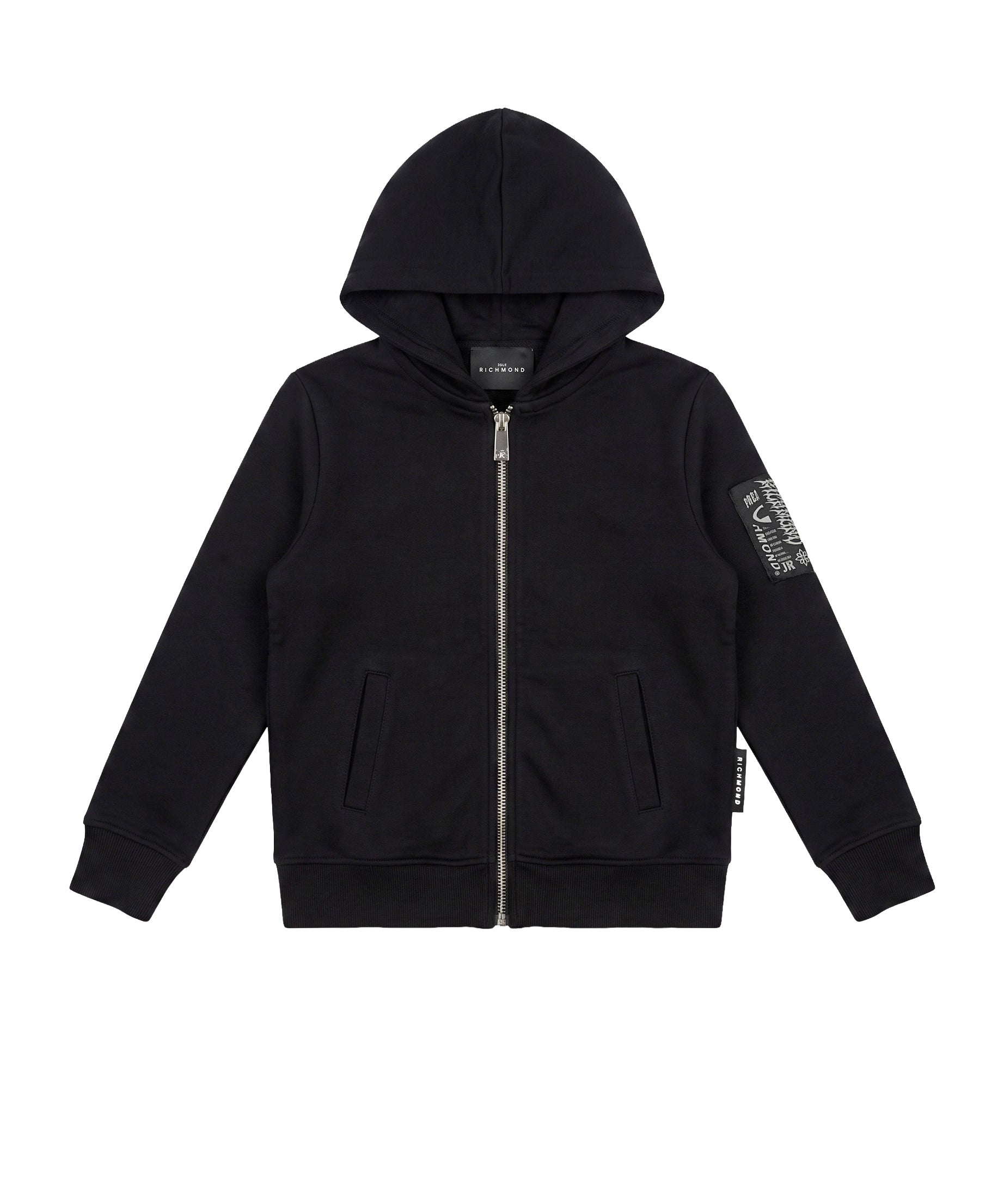 John Richmond Kids Felpa Nera con Cappuccio e Zip con Logo Stampato Gotico sul Retro per Bambini