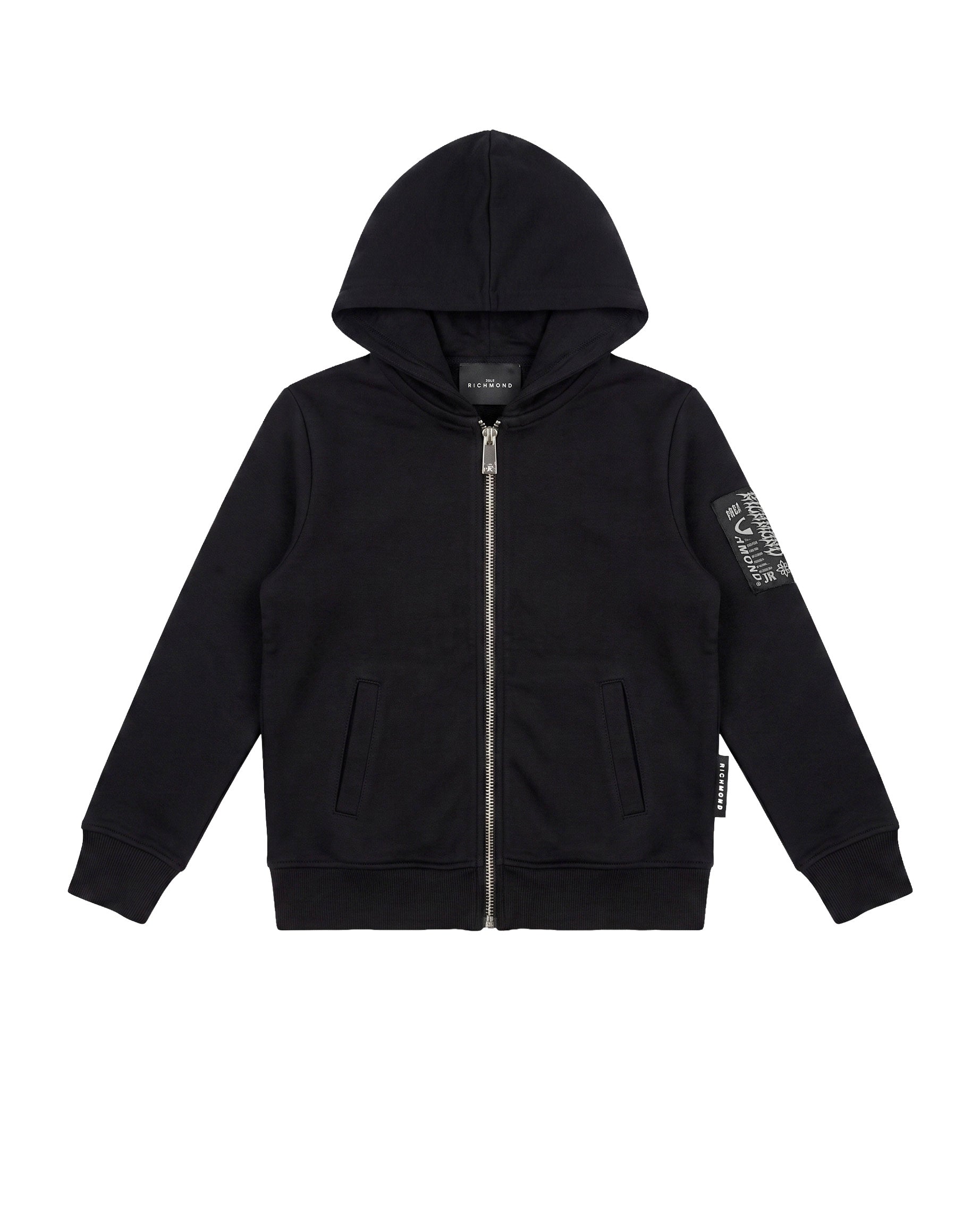 John Richmond Kids Felpa Nera con Cappuccio e Zip con Logo Stampato Gotico sul Retro per Bambini