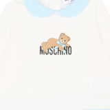 Moschino Kids Tutina Panna e Celeste in Cotone con Colletto e Stampa Teddy Bear per Neonati