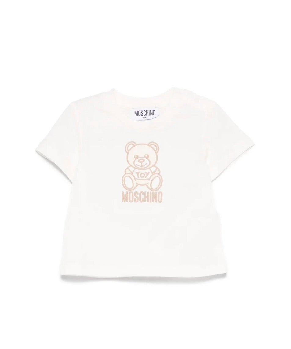 Moschino Kids T-shirt Panna con Ricamo Teddy per Neonati