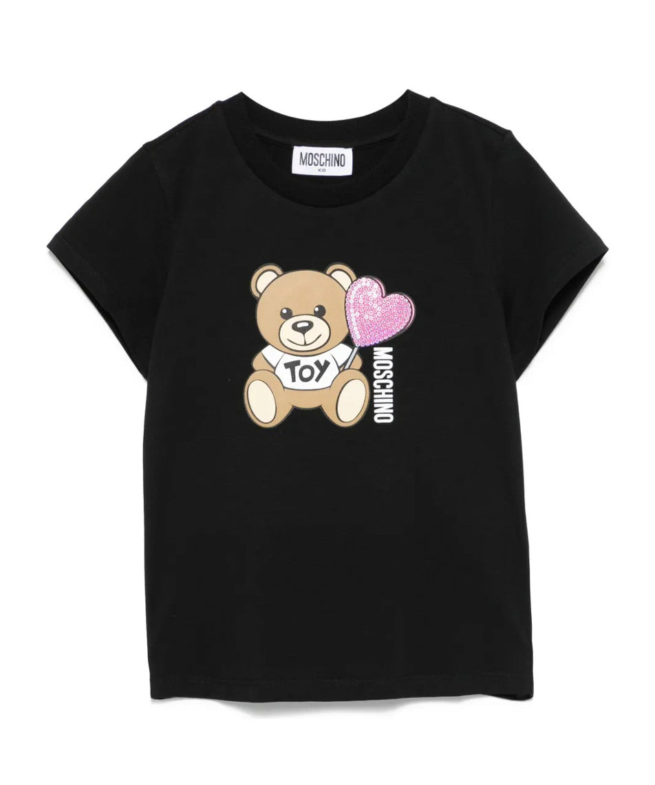 Moschino Kids T-shirt Nera con Stampa Teddy per Bambine