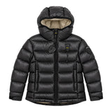 Blauer Kids Piumino Nero Lucido con Cappuccio Imbottito e Patch Logo per Bambini