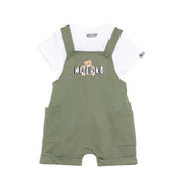 Moschino Kids T-Shirt+Salopette Bianco/Verde con Logo Teddy Bear per Neonati