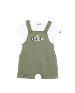 Moschino Kids T-Shirt+Salopette Bianco/Verde con Logo Teddy Bear per Neonati