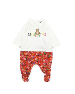 Moschino Kids Tutina Bianca/Rosso con Logo All Over per Neonati