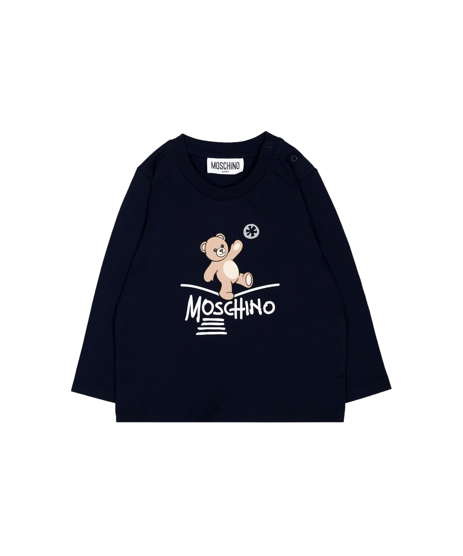 Moschino Kids Maglia Nera a Maniche Lunghe con Stampa Teddy Bear e Logo per Neonati e Neonate